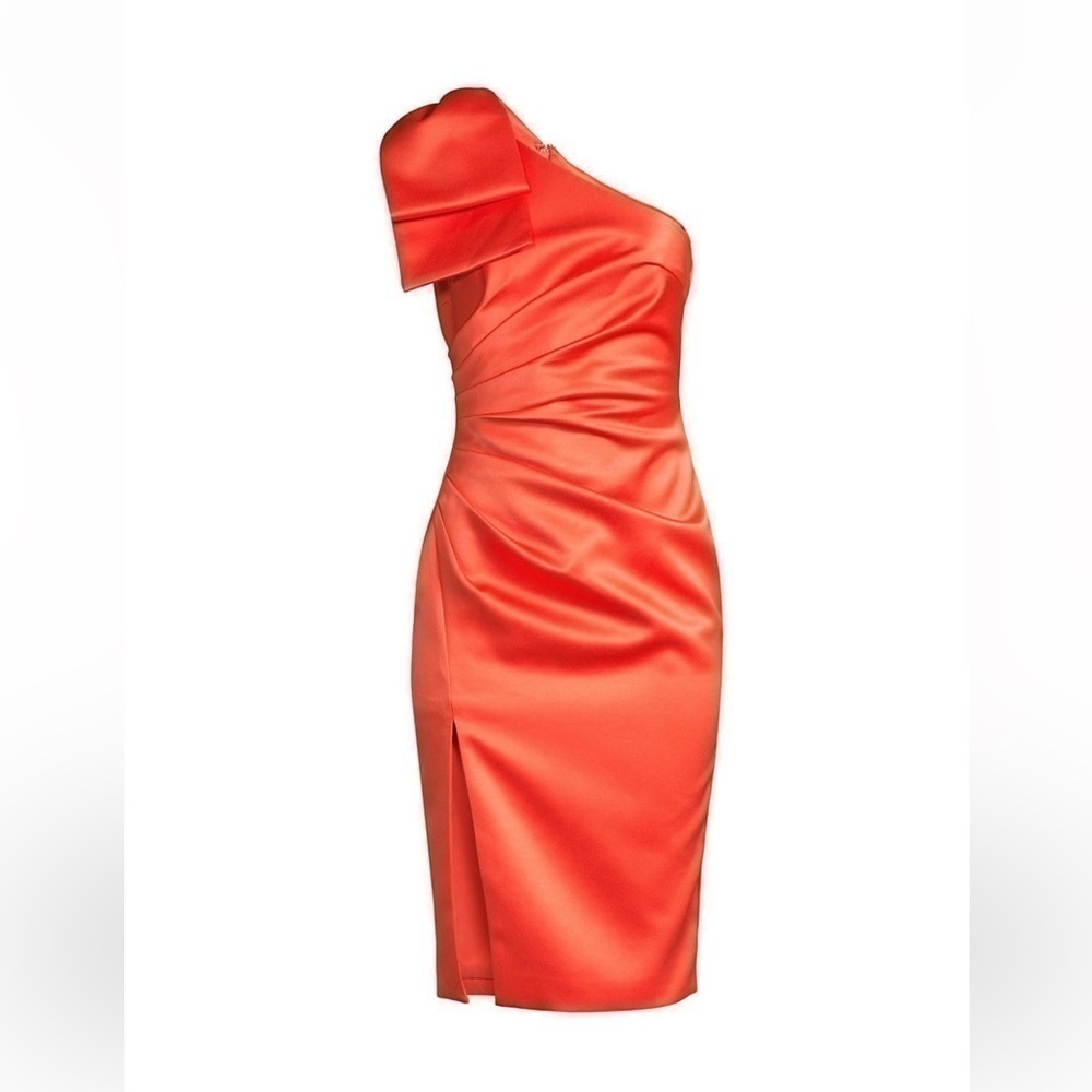 LAVISH Alice Bow-Shoulder Satin Midi-Dress In Coral Red - Picture 5 of 7
